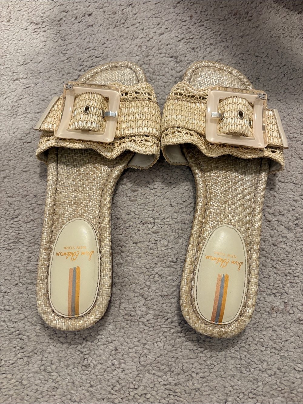 Sam Edelman Bambi Linen Raffia Slide Sandals with Square Buckle